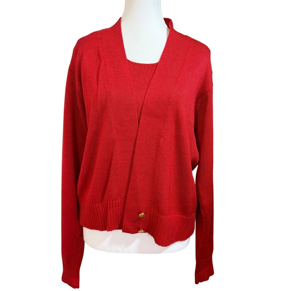 Fia Italia Cardigan Twin Set Womens L Red Handloomed Classic Vintage Co-ord